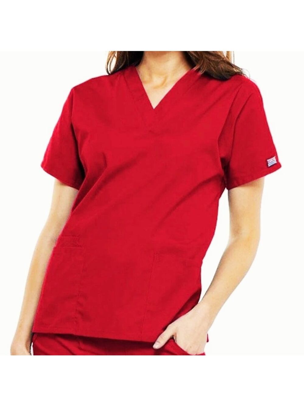 CHEROKEE Workwear Red Scrub V-neck Uniform Top Front Pockets